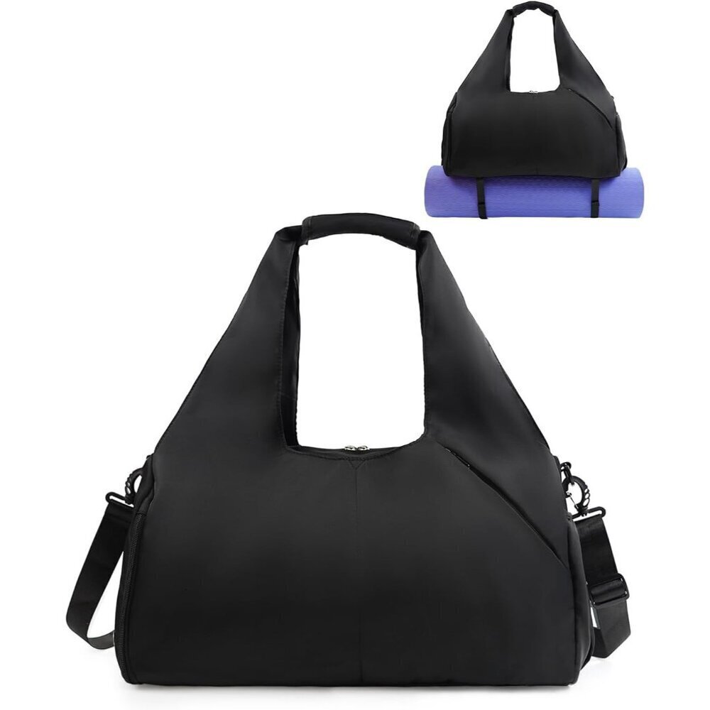 🆕Women Black Gym Bag Compartment Yoga Mat with Wet Pocket Strap Weekender Bag